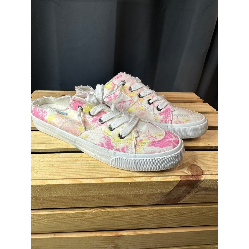 Obtaom Womens Tie Dye Canvas Mule Sneakers Pink Yellow Distressed Slip On Size 8